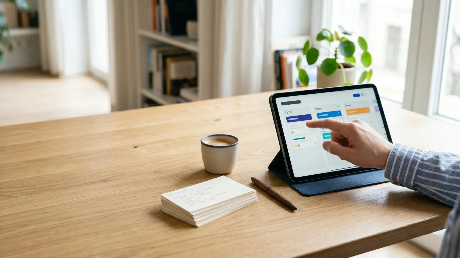 Tablet z cyfrową tablicą statusów zleceń i papierowe karty obok - automatyzacja procesu