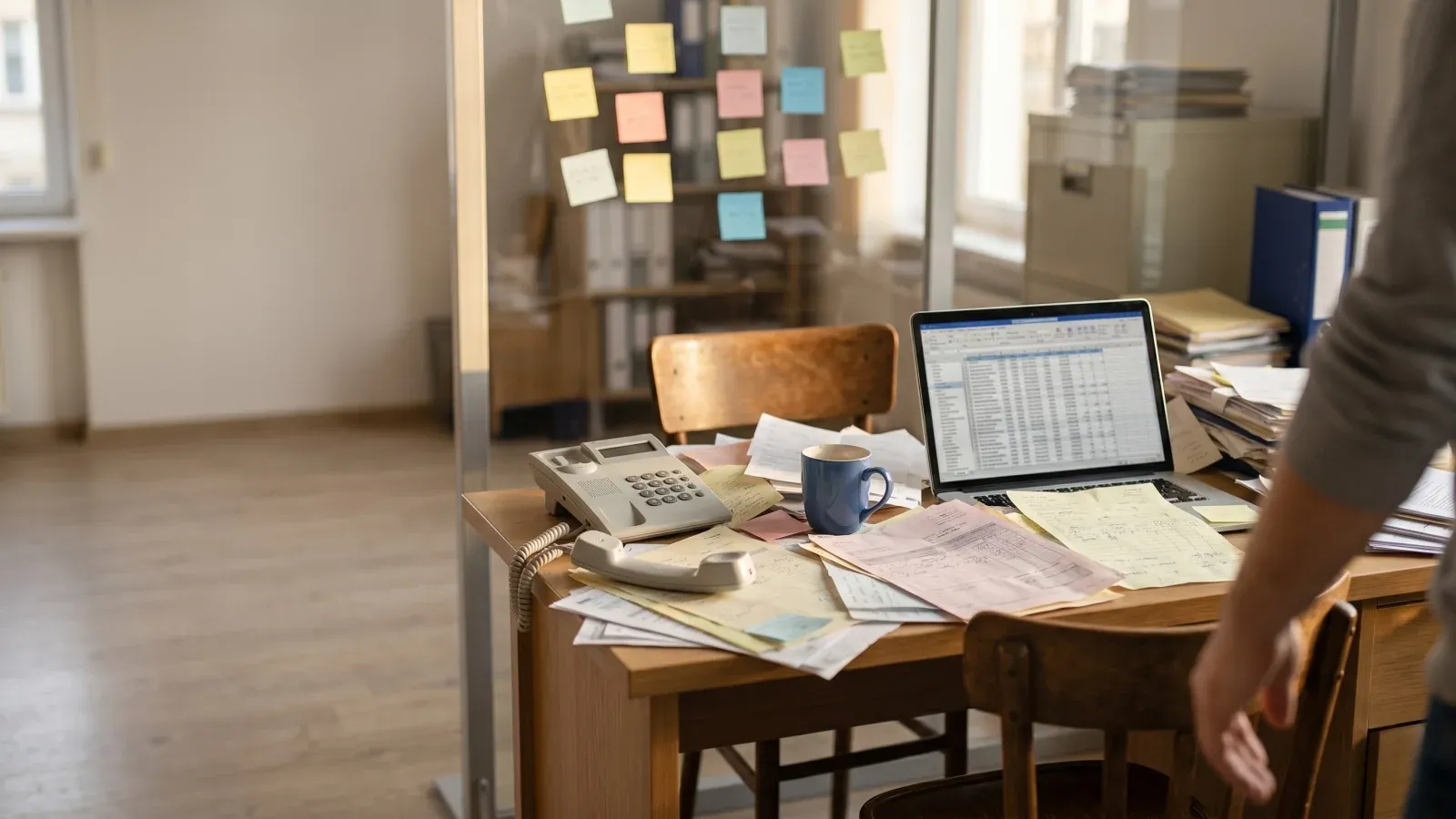 Zawalone papierami biurko z chaotycznym spreadsheetem na laptopie i sticky notes w tle - problemy w obsłudze zleceń