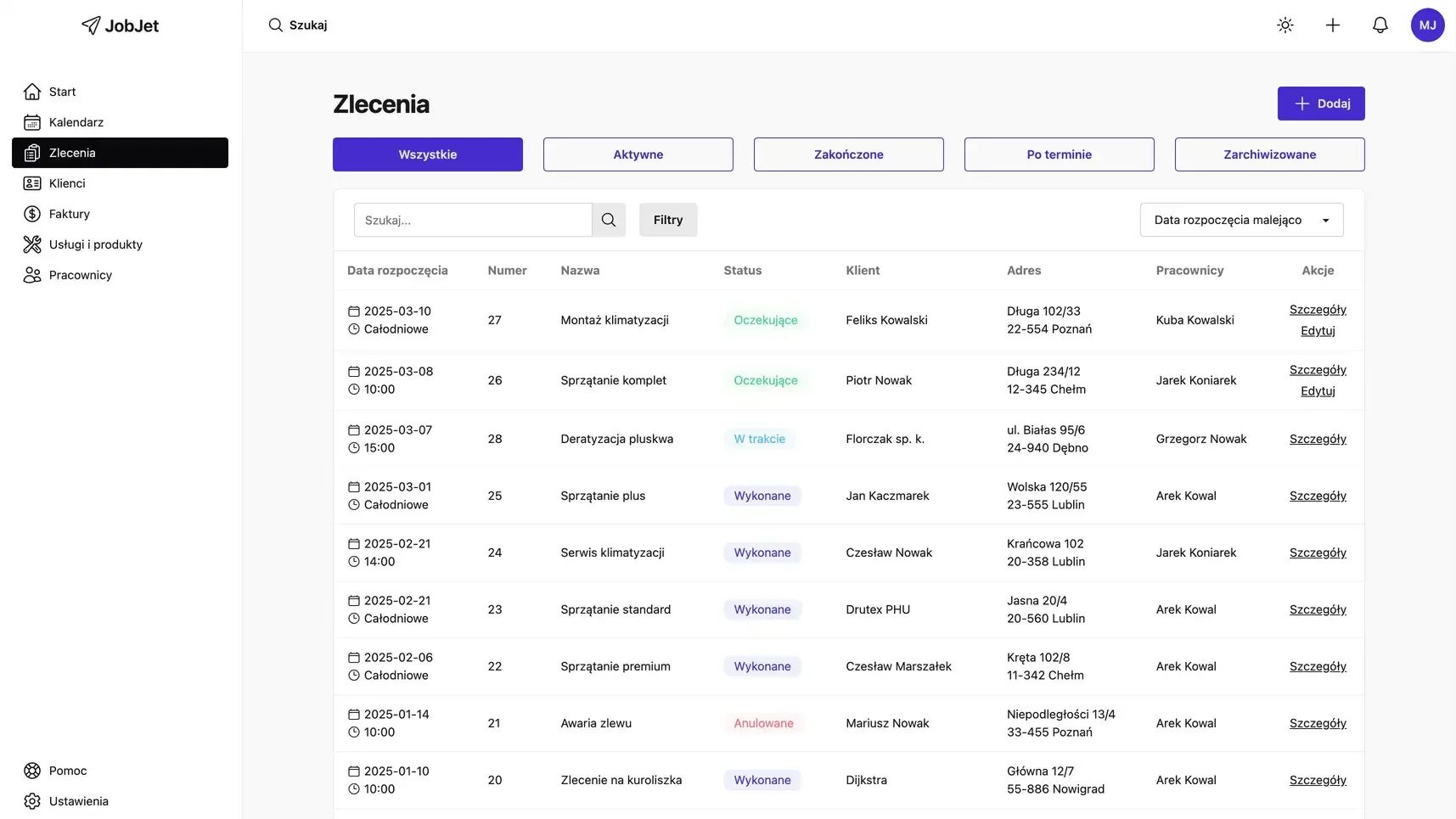 Zrzut ekranu aplikacji JobJet